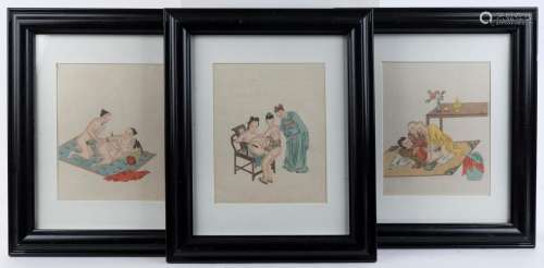 Set of three antique Chinese erotic watercolours, 19th centu...