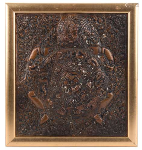 An antique Tibetan repoussé copper plaque, 19th century, 29 ...