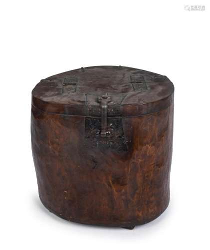 A Korean honey box chest, natural trunk form with iron fitti...