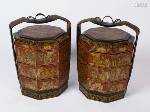 A pair of Chinese stackable boxes in cane and lacquer cradle...