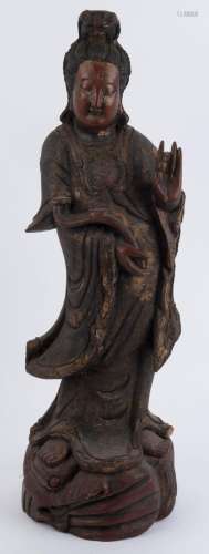 A Chinese Guanyin statue, carved wood with polychrome lacque...