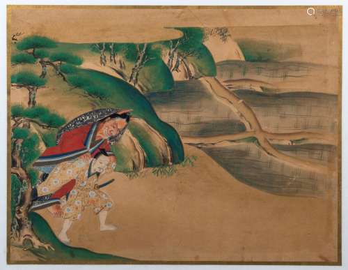 An antique Japanese painting of a samurai carrying a demon i...