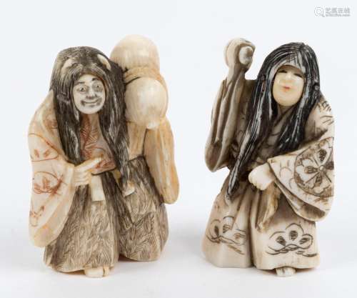 Two Japanese carved ivory netsuke with revolving heads, Meij...