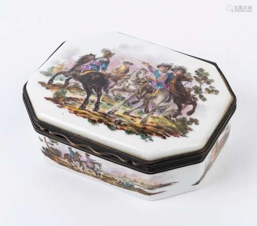 An antique German porcelain snuff box with metal mounts, mid...