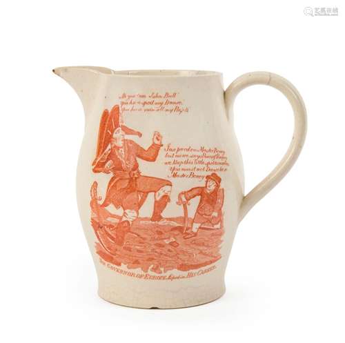 NAPOLEON antique creamware jug, probably Liverpool, transfer...