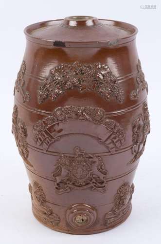 An antique English pottery pate sur pate cordial keg, 19th c...