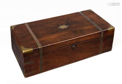 An antique English writing box, rosewood with brass bound ed...