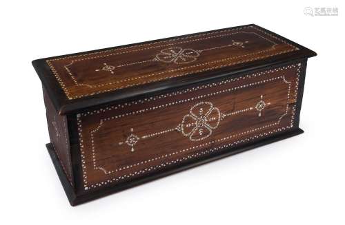 An Indo-Portuguese lift-top box, stained hardwood inlaid wit...