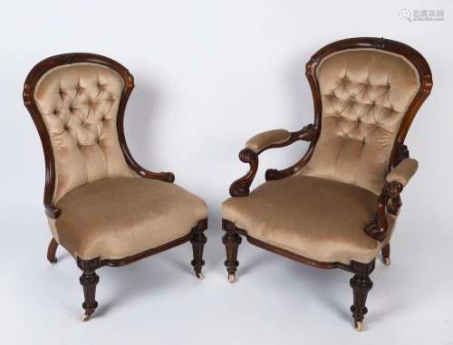 An antique pair of English walnut ladies and gents parlour c...
