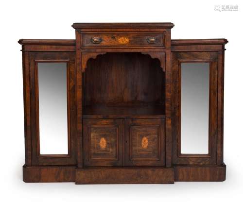 An antique English split level parlour cabinet, burr walnut ...