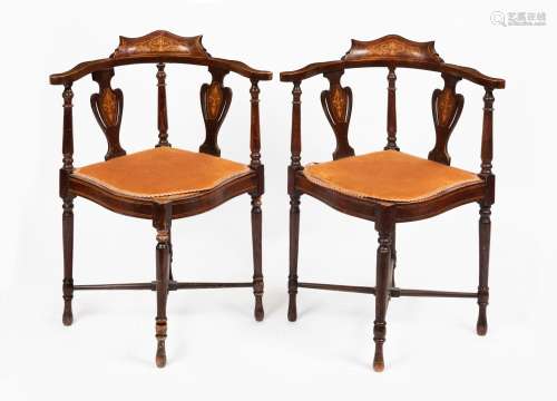 A pair of Sheraton Revival corner chairs, mahogany and marqu...