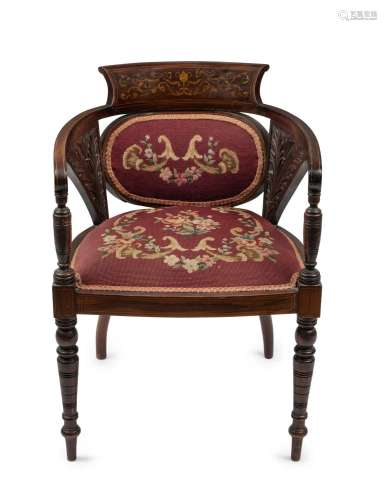 An antique English parlour chair, carved rosewood with marqu...