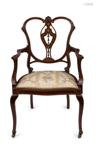 An antique English mahogany parlour chair with fine marquetr...