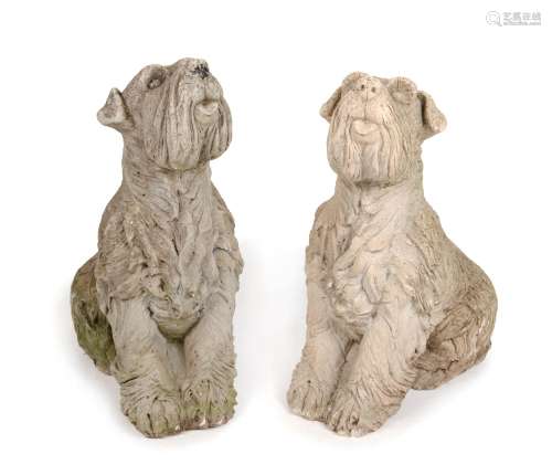 A pair of composition stone terrier dog garden statues, 20th...