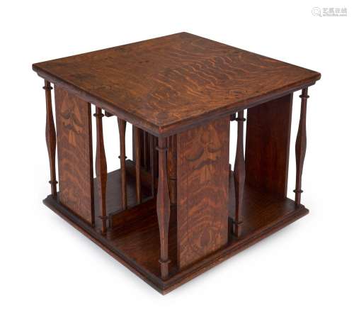 An English Arts & Crafts oak and marquetry tabletop revo...