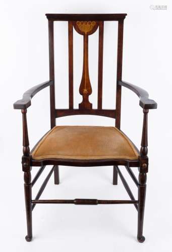 An antique English Arts & Crafts salon chair with marque...