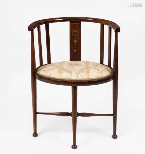A Sheraton Revival ladies oval parlour chair, inlaid mahogan...