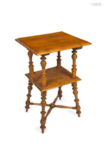 An antique English two tier occasional table, beech and pine...