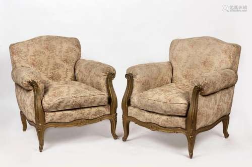 A pair of vintage armchairs, floral tapestry upholstery with...