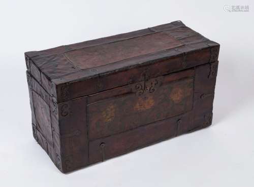 A Chinese lift-top trunk, leather bound with iron fittings a...
