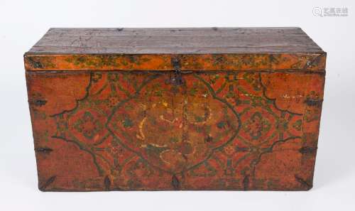 A Chinese lift-top timber trunk with hand-painted floral clo...