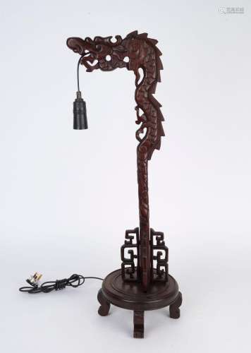 A vintage Chinese dragon table lamp, carved rosewood, mid 20...