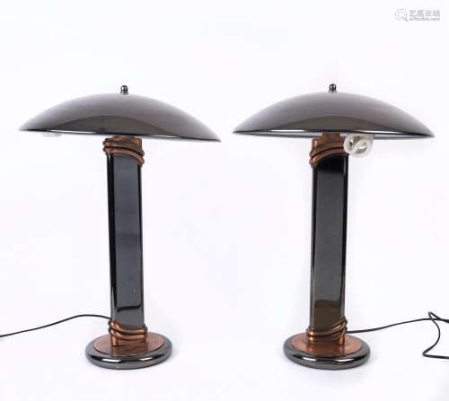 A pair of Bauhaus style table lamps, silvered metal and copp...
