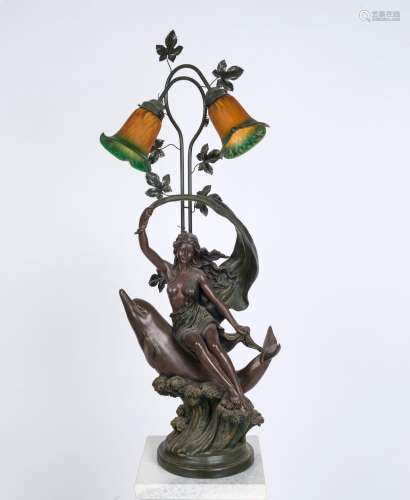 A reproduction figural lamp with dolphin and female nude, la...