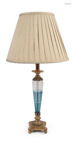 A Bohemian table lamp and shade, blue overlay cut crystal wi...