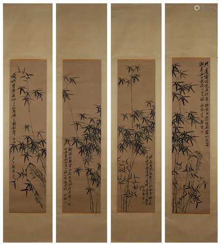 4 Chinese bamboo scroll paintings, Zheng Banqiao mark