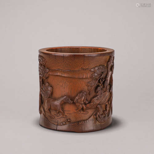 A horse carved bamboo brush pot