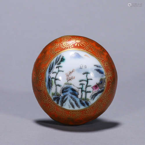 An iron red famille rose landscape porcelain button