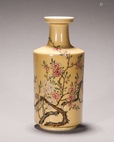 A yellow glazed famille rose porcelain vase