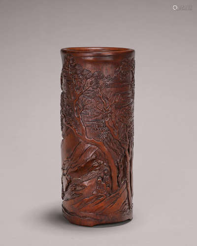 A landscape carved bamboo brush pot