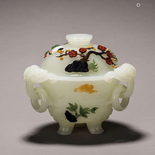 A Hetian jade gem-inlaid censer with bat shaped ears