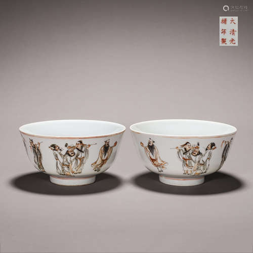 A pair of ink colored eight immortals porcelain bowls