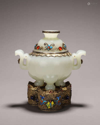 A gilding silver Hetian jade censer