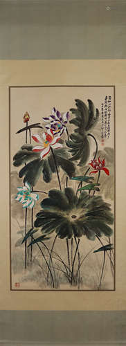 A Chinese lotus painting, Zhang Daqian mark