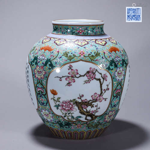 An inscribed famille rose flower porcelain jar