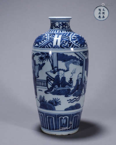 A blue and white figure porcelain olive-shaped vase