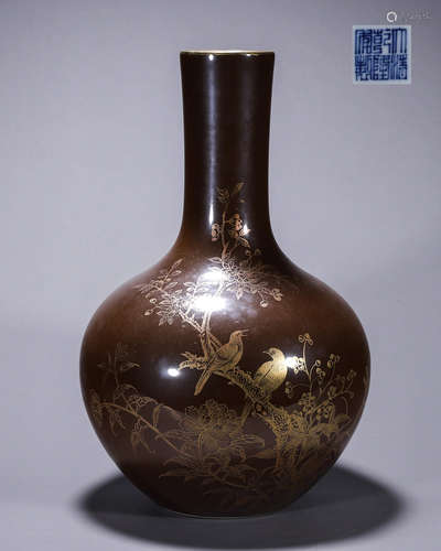 A brown ground gilt magpie and plum blossom porcelain tianqi...