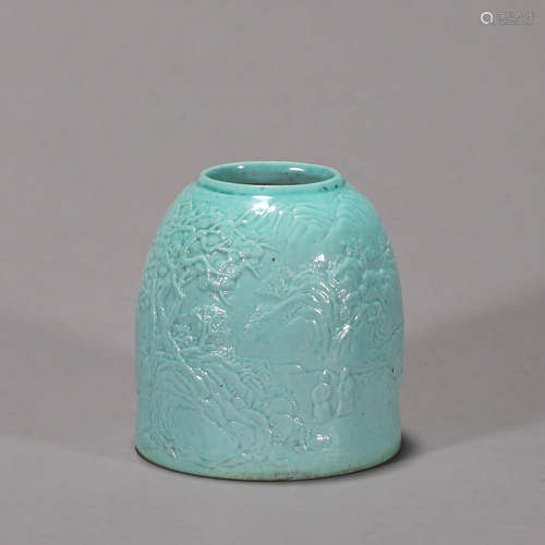 A blue glazed landscape carved porcelain water pot