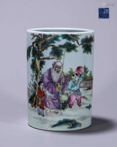 A famille rose figure porcelain brush pot