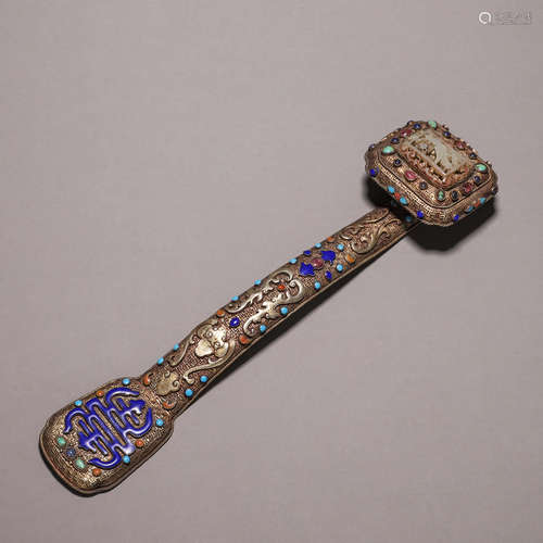 An inscribed gem-inlaid gilding silver ruyi