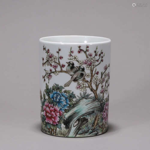 A famille rose bird and flower porcelain brush pot