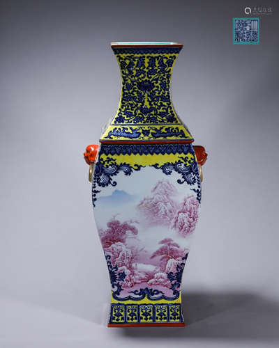 A blue and white pink landscape porcelain vase with lion hea...