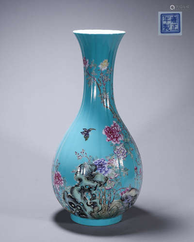 A blue glazed famille rose flower and butterfly porcelain va...