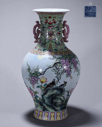 A famille rose bird and flower porcelain vase with dragon sh...