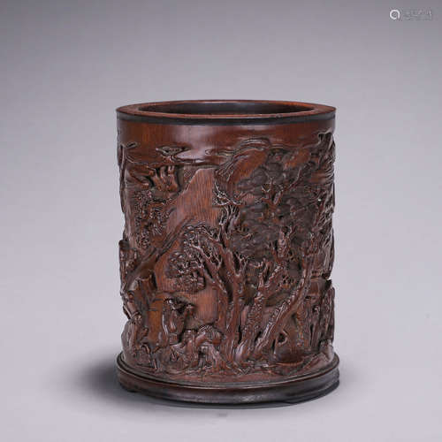 A landscape carved bamboo brush pot