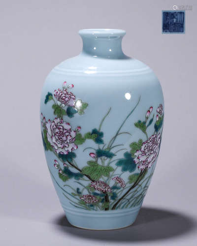 A celeste glazed famille rose flower porcelain meiping